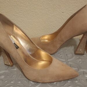 Nine West - Beige Suede Heels with Gold Accents